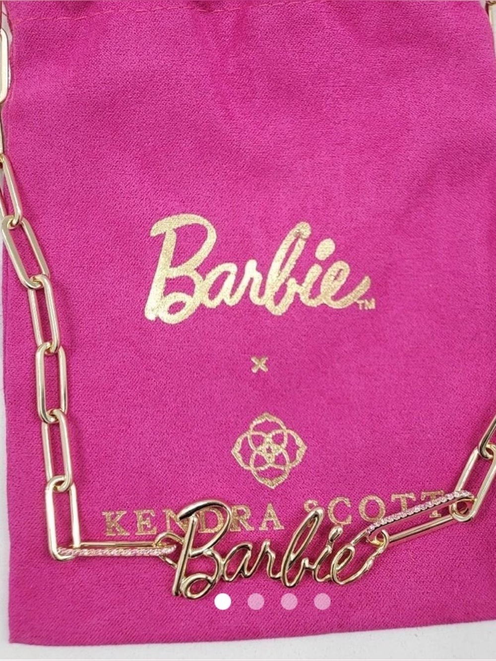 Kendra Scott x Barbie Script Nameplate Necklace in Gold. Rare!